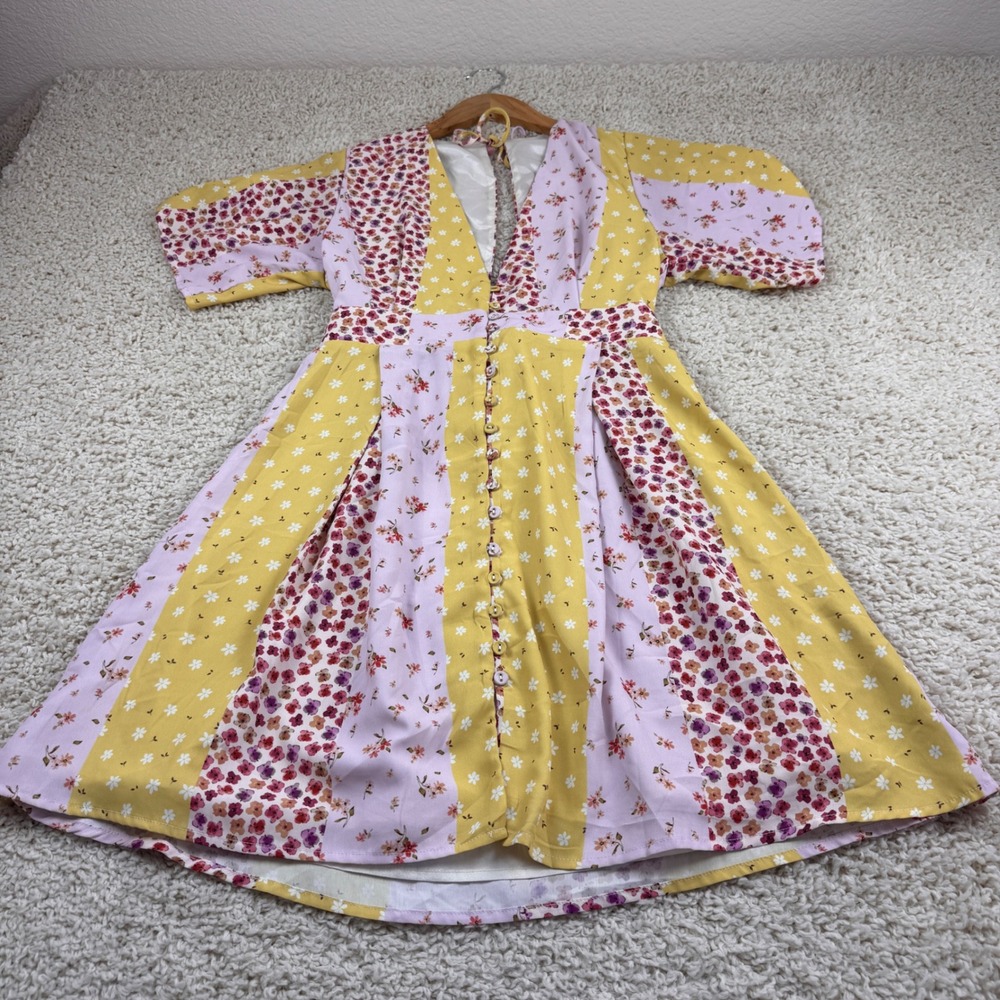 Skylark + Rose Floral Patchwork Mini Dress Women Size M Yellow Lavender Good